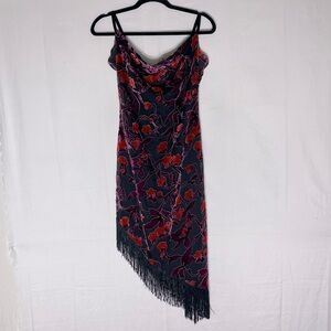 Vintage G-Dresses Black Red Purple Floral Dress W Asymmetrical Hem & Fringe M